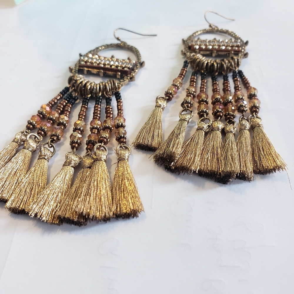 BRONZE & GOLDEN BEADED TASSEL FAUX RHINESTONE BOHO CHIC BOHEMIAN FESTIVAL EARRIN - Picture 12 of 13
